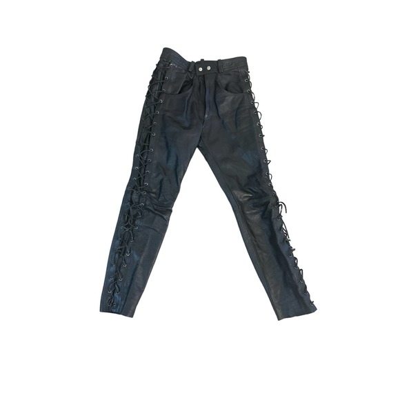 Vintage 32x30 Jinglers Black Genuine Leather Motorcycle Pant Touring Lace-Up - Picture 1 of 9